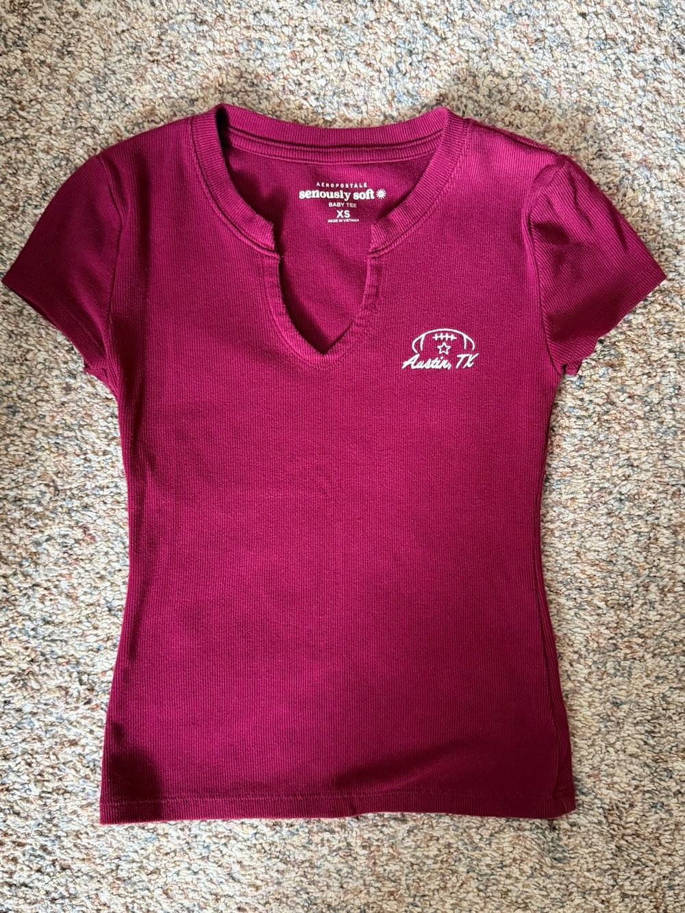 Aeropostale Women's Burgundy Short-Sleeve Notch Tee with Austin TX Logo